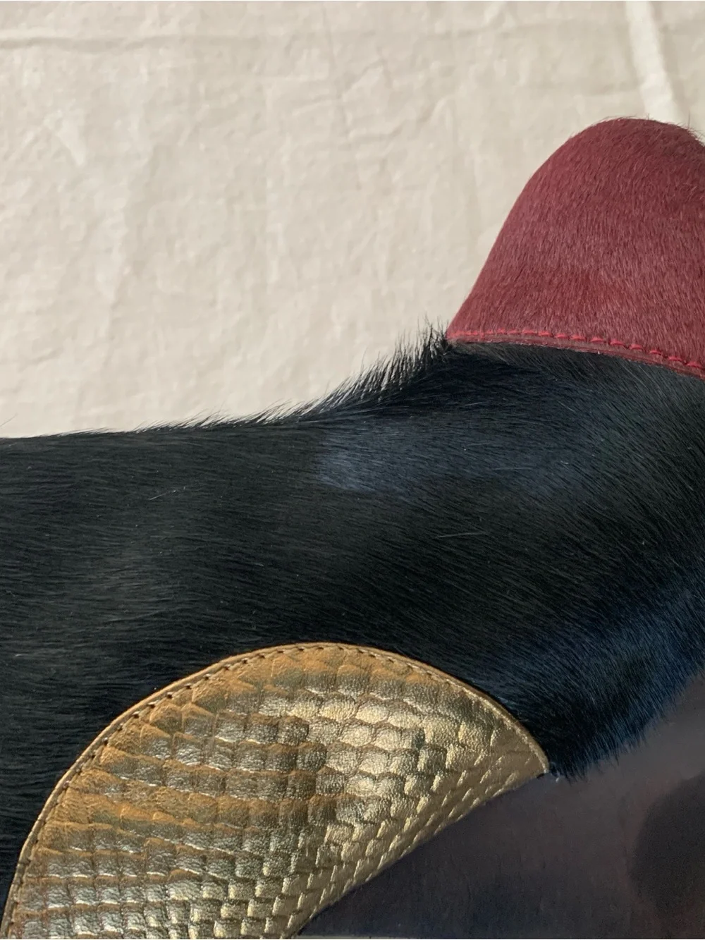 Elly Clay Vintage Designer Two-Tone Ankle Leather Booties in Black and Burgundy.